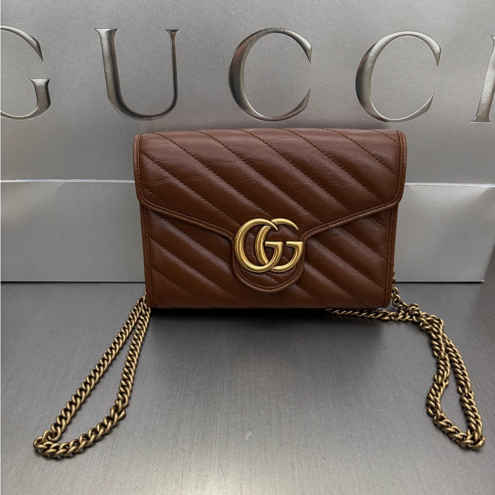 Gucci Brown Marmont Leather Crossbody Bag with Gold Chain